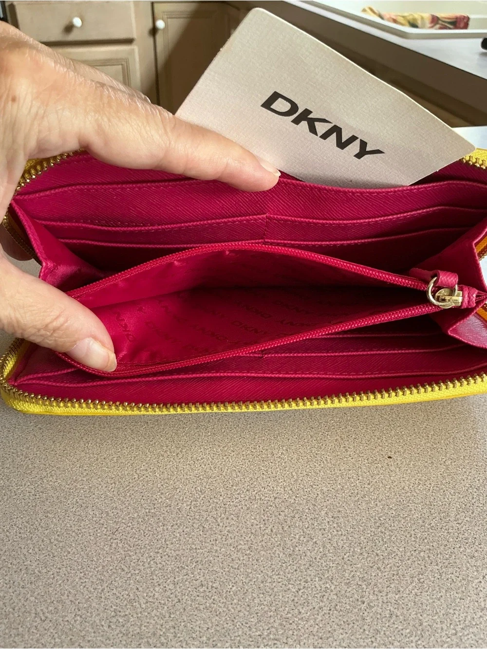 DKNY Yellow Saffiano Zip Wallet with Gold Charm